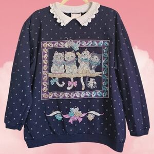 🎀Vintage SPUMONI Cat Embroidered Style Lacey Collared Sweatshirt🎀